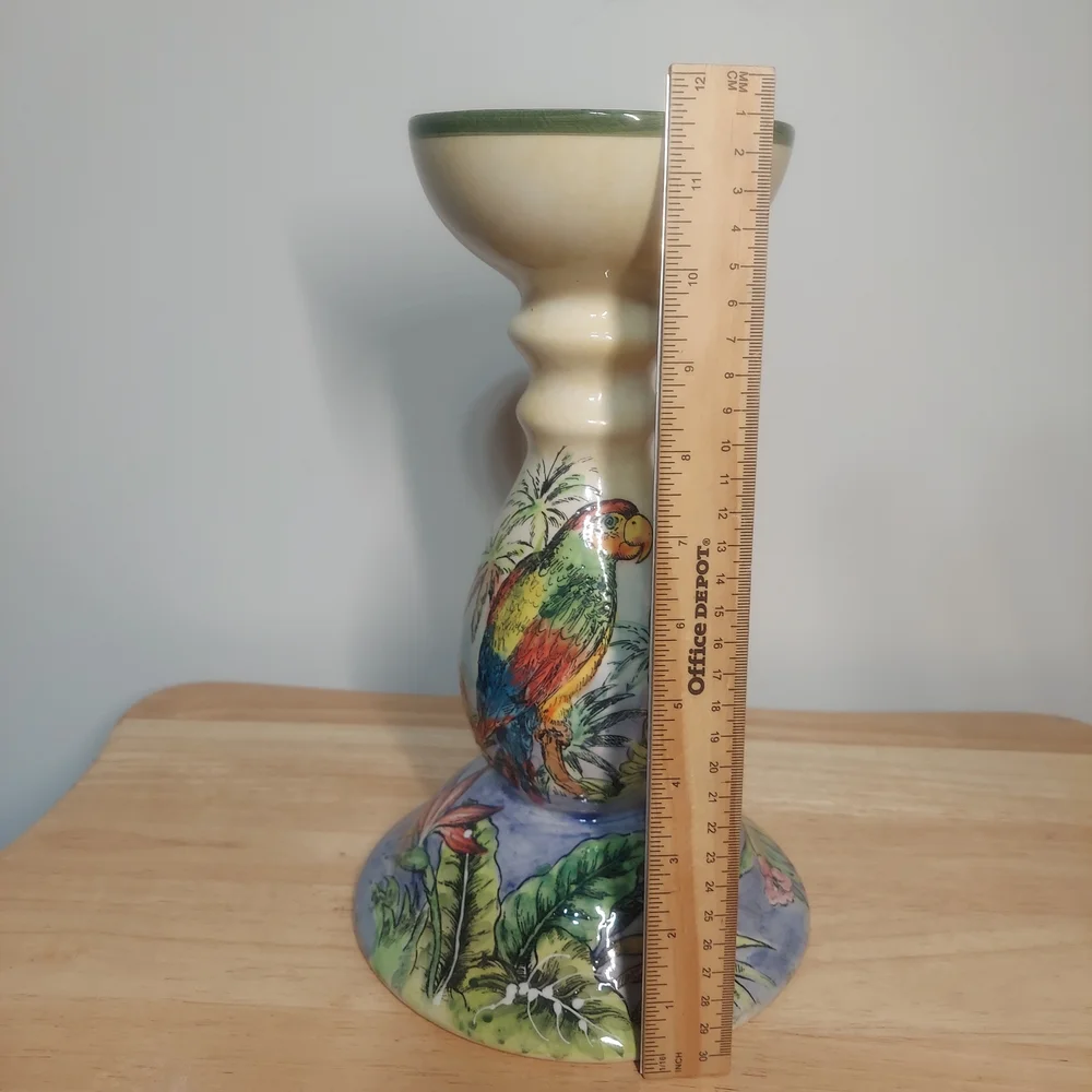 Vintage Hand-painted Large Ceramic Tropical Parrot Candle Holder